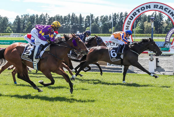 On The Bubbles winning at Ashburton on Monday. Photo: Race Images South