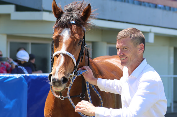 Co-trainer Steven Ramsay pictured with Passiflora, who became the stable's 200th winner with a victory at Wanganui on Saturday. Photo: Peter Rubery (Race Images Palmerston North)