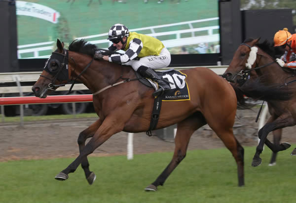 Prowess powers to the line in the Karaka Million 3YO Classic (1600m) Photo: Kirstin Ledington