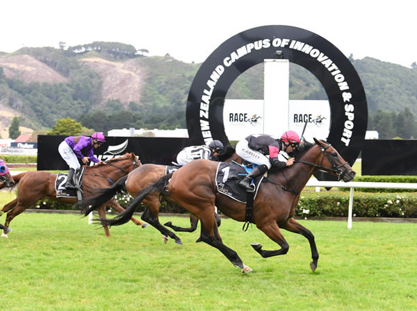 Puntura comes over the top of Belclare to reign supreme in the Gr.2 Bramco Granite & Marble Manawatu Challenge Stakes (1400m) at Trentham. Photo: Peter Rubery (Race Images Palmerston North)