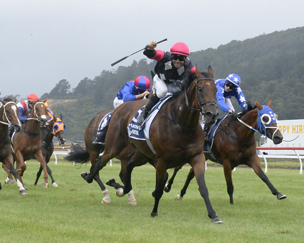 Craig Grylls salutes Puntura's victory in the Gr.1 Harcourts Thorndon Mile (1600m) at Trentham on Saturday. Photo: Peter Rubery (Race Images Palmerston North)