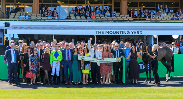 Large Group of Owners Celebrate Miraval Rose's G2 Rose Of Kingston Stakes Win - Image Grant Courtney