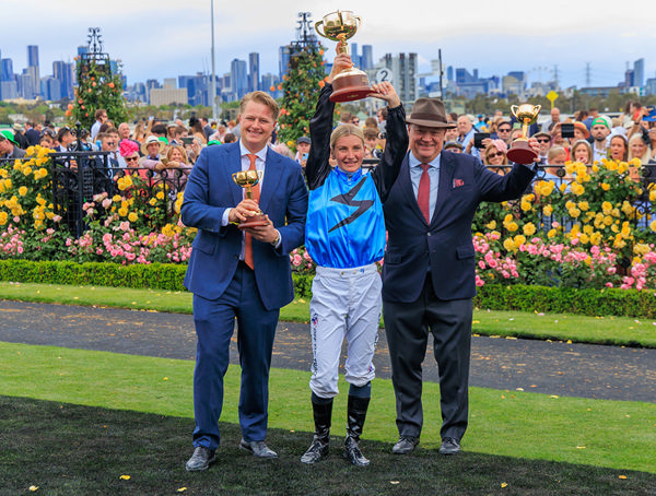 Letting It All Sink In - Calvin, Jamie and Tony Celebrate Melbourne Cup Victory - Image Grant Courtney