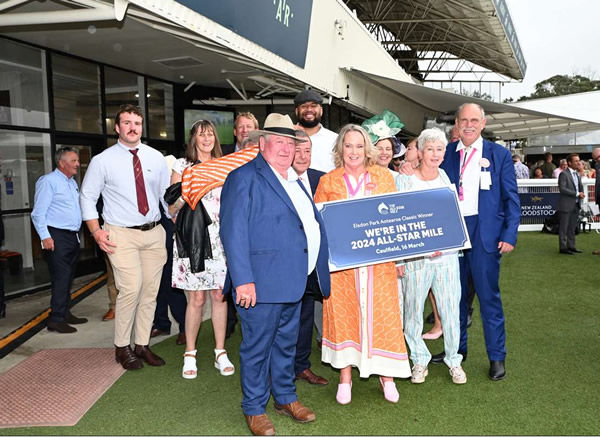 Sarah Green holds the entry ticket for the A$4 million All-Star Mile (1600m) following Desert Lightning's win in the inaugural Aotearoa Classic (1600m) at Ellerslie on Saturday. Photo: Race Images