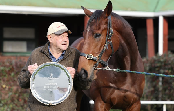 Graeme Rogerson poses with Sharp ‘N’ Smart and the iconic Gr.1 WS Cox Plate Trophy Photo credit: Angie Bridson