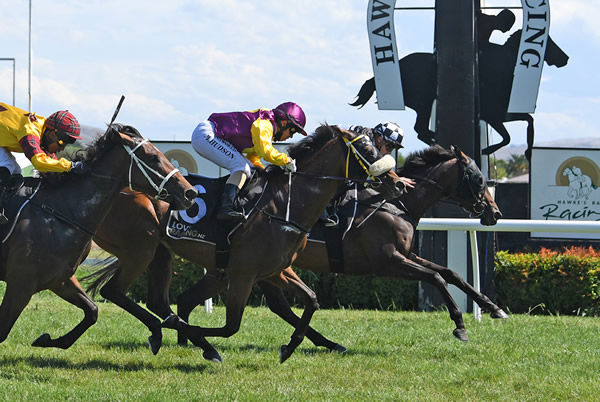 Sinarahma winning the Listed Property Brokers Wairarapa Thoroughbred Breeders’ Stakes (1600m) at Hastings on Thursday. Photo: Race Images