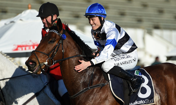 Sterling Express winning Saturday’s Gr.2 Waikato Stud Foxbridge Plate (1200m) at Te Rapa.  Photo: Kenton Wright (Race Images)