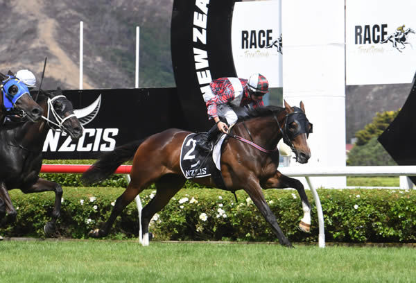 Times Ticking and Joe Doyle stride to victory the Gr.3 Mode Technology Trentham Stakes (2100m) on Saturday. Photo: Peter Rubery (Race Images Palmerston North)