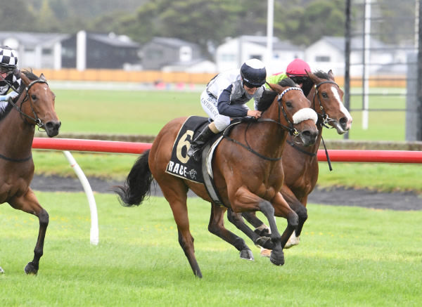 Too Sweet on her way to winning Sunday’s Graham’s Painters 2YO (900m) at Trentham.   Photo: Peter Rubery (Race Images Palmerston North)