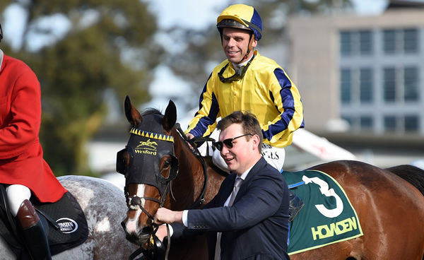 Waitak winning Saturday's Howden Insurance Mile (1600m) at Te Rapa.  Photo: Kenton Wright (Race Images)