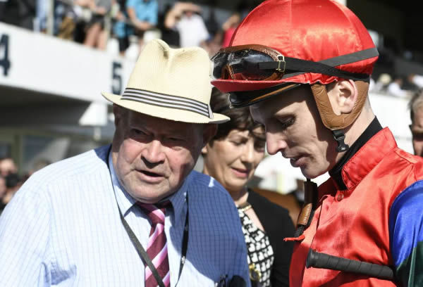 Trainer Graeme Rogerson pictured with jockey Ryan Elliot.  Photo: Kenton Wright (Race Images)